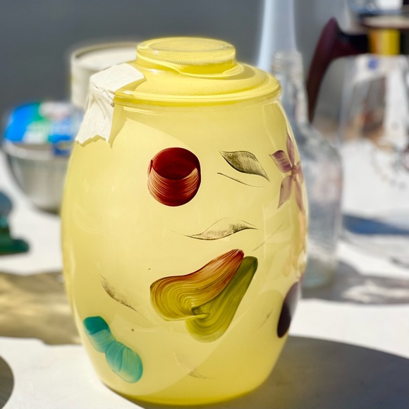 BARTLETT COLLINS Cookie Jar Yellow Glass with Fruits & Flowers Made in USA 1960s - Picture 5 of 7